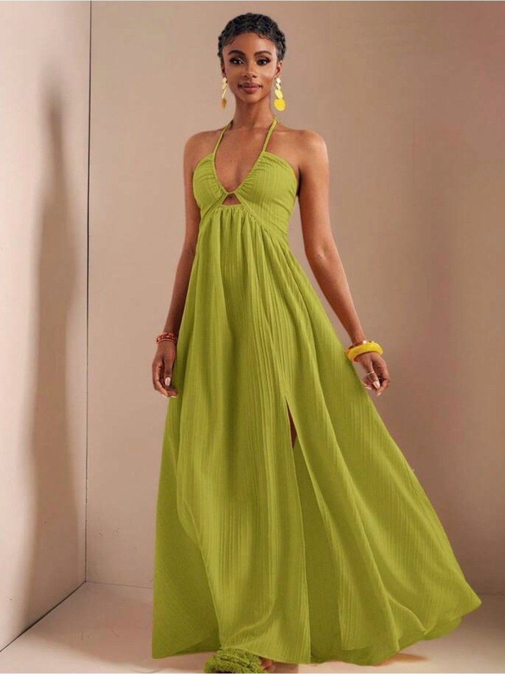 Linen-Textured Lime Halter Maxi Dress